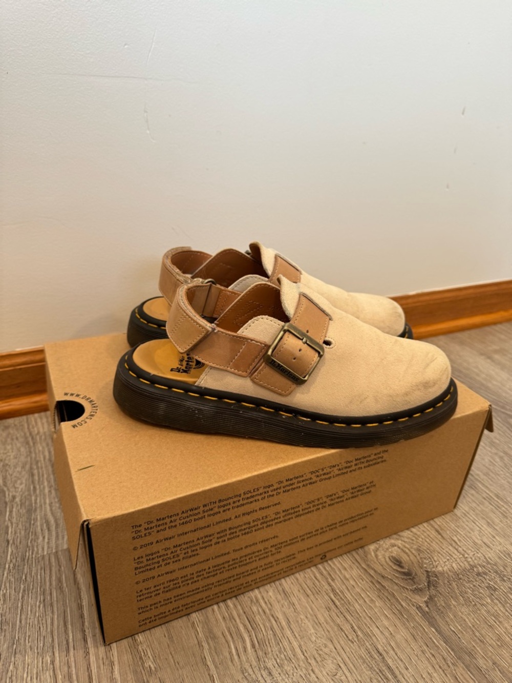 Dr. Martens Beige Suede Clog with Tan Buckle and Black Sole - Picture 3 of 4